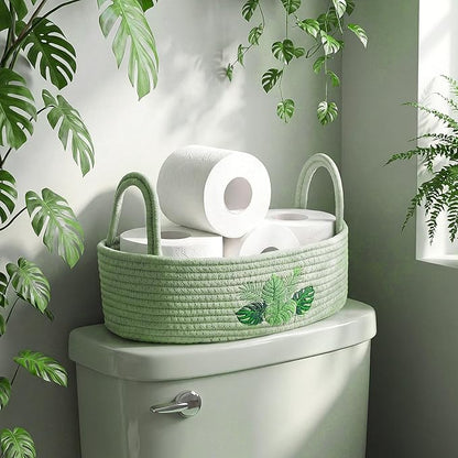 Vesici Palm Leaves Toilet Paper Basket Boho Woven Cotton Rope Bathroom Countertop Organizer with Handle Green Summer Tropical Monstera Bathroom Storage Decor for Bedroom Nursery, 13 x 6 x 4 Inch