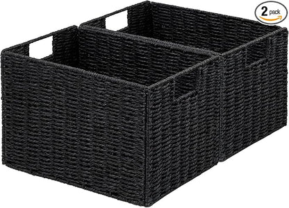 Vagusicc Wicker Storage Basket, Set of 2 Hand-Woven Paper Rope Wicker Basket, Small Storage Baskets for Organizing Toilet Paper Basket, Foldable Large Cube Storage Organizer Bins for Shelves (Black)