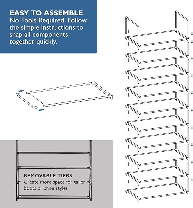 Sundaze Shoe Rack - 10 Tier Shoe Rack for Front Door Entrance, Sturdy Tall Shoe Organizer for Closet, Bedroom, Entryway, Garage, Non Woven Fabric Shelf, Black, Holds Up to 50 Pairs