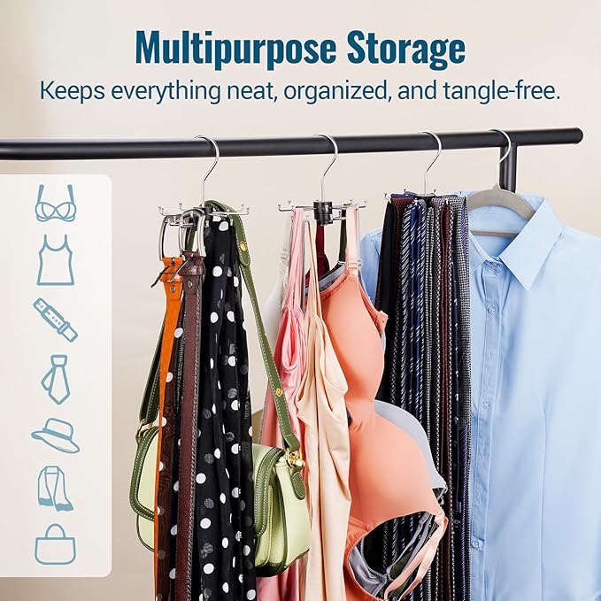NiHome 2-Pack Double-Layer Rotating Belt Hangers for Closet, 2-Tier Rotatable Belt Organizer, 16 Hooks w/Solid Wood 360° Swivel Belts Tie Organizer, Space-Saving Storage Rack for Scarves Bras Purses