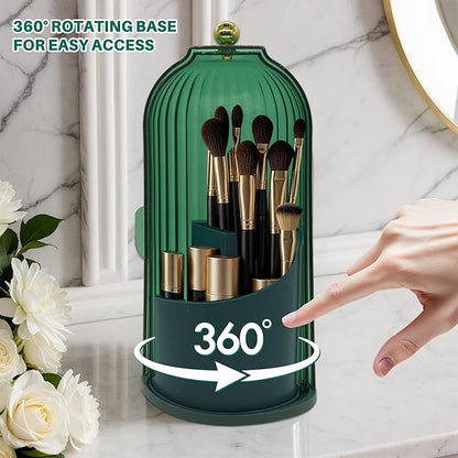 Makeup Brush Holder with Lid Cosmetic Tools Organizer 360 Rotating Waterproof Dustproof Make Up Brushes Storage for Vanity Bathroom Countertop