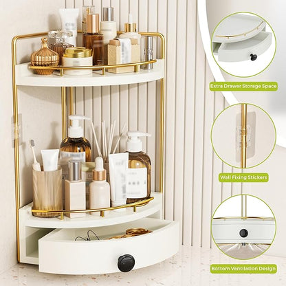 2-Tier Corner Bathroom Counter Organizer with Drawer & Embedded Screw Holes - Wooden Countertop Organizers for Skincare, Makeup Storage, Bathroom Sink Counter Shelf for Vanity, Kitchen, White Gold