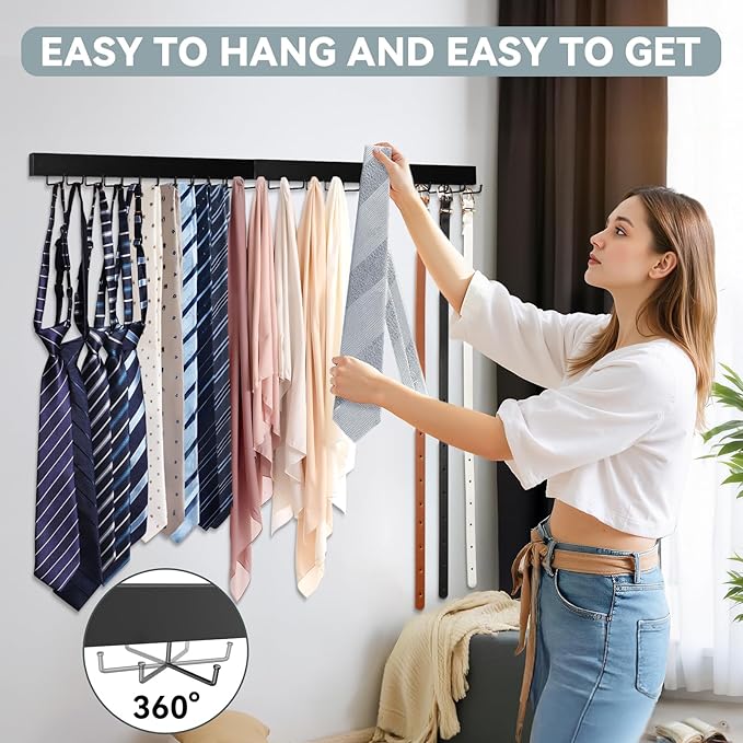 Tie Rack Wall Mount, Wooden Closet Tie Hanger with 24 Metal Hooks, Large Capacity, Black, 2 Pcs