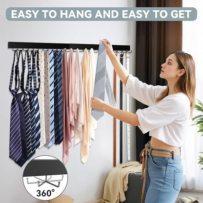 Tie Rack Wall Mount, Wooden Closet Tie Hanger with 24 Metal Hooks, Large Capacity, Black, 2 Pcs