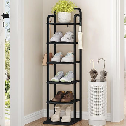 Hzuaneri Vertical Shoe Rack, Shoe Shelves, Wood Shoe Organizer for Closet, Entryway, Shoe Tower for Small Spaces, Free Standing, Adjustable, with 2 Hooks, 6 Tier Black SR04204B