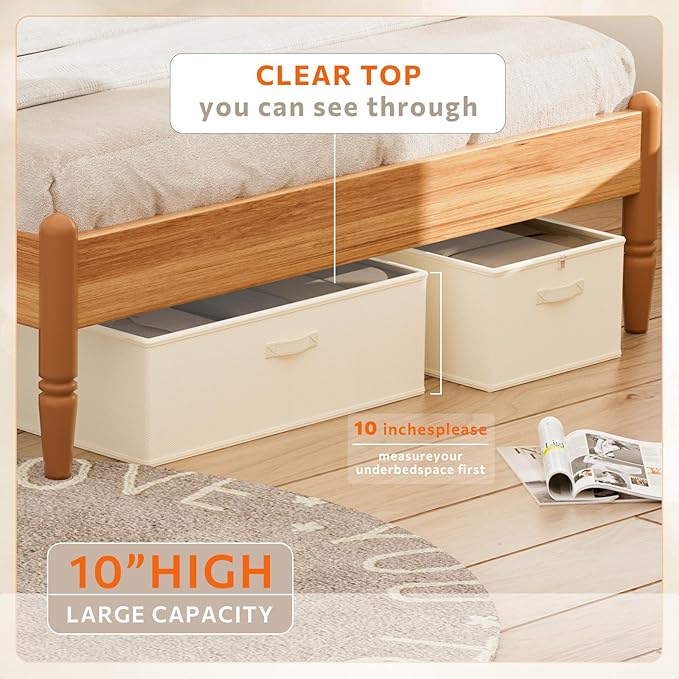 10inch 3 Pack Under Bed Storage Containers, 10 Inch Tall Underbed Clothes Storage Organizer Bin with Clear Window，Foldable Box Basket for Clothes, Closet, Bed Sheets and Blankets Beige