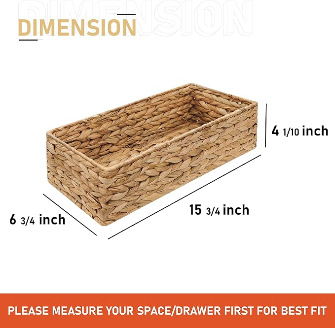 2-Pack Handwoven Water Hyacinth Storage Baskets, Wicker Bins for Pantry Organization, Shelf or Closet Organizer, Decorative Boho Rectangular Basket 15.7" x 6.7"
