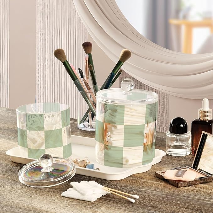 2 Pack Qtip Dispenser Apothecary Jars with Lids Cotton Round Holder Bathroom Canisters for Cotton Swab Floss Ball Pads Clear Plastic Decorative Checkered Green and White