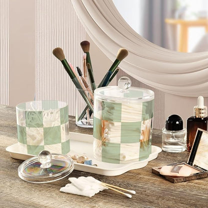 2 Pack Qtip Dispenser Apothecary Jars with Lids Cotton Round Holder Bathroom Canisters for Cotton Swab Floss Ball Pads Clear Plastic Decorative Checkered Green and White
