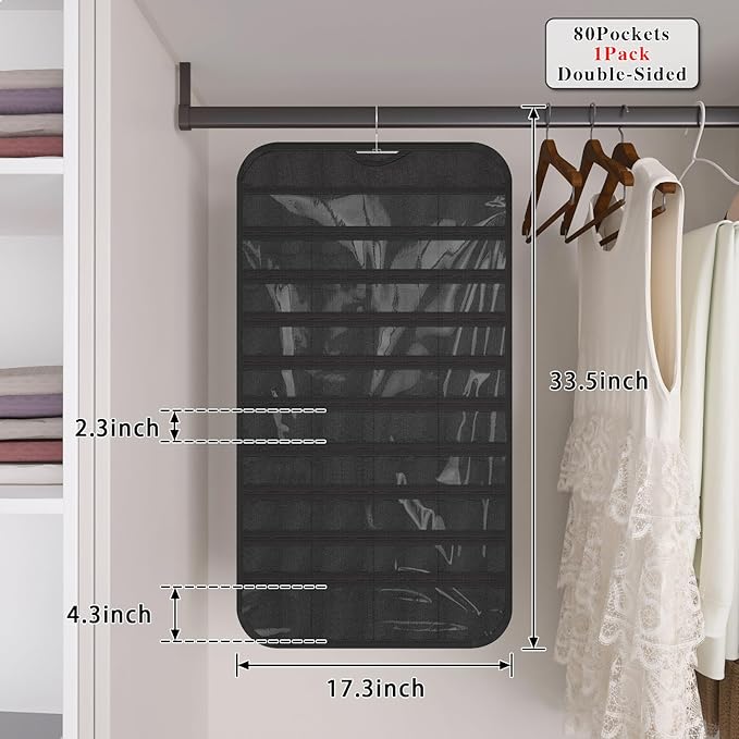 1 Pack Hanging Jewelry Organizer 80-Pocket Dual-sided Jewelry Storage for Earring Necklace Bracelet Ring Travel Holder, Black