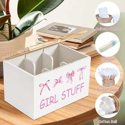 R HORSE Tampon Holder for Bathroom - Feminine Product Organizer, Pink Bow Organize Case with Lid Shark Week Tampon Storage Lady Stuff Box for Bathroom Accessories