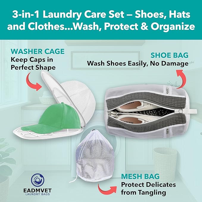 Hat Washer Cage Set – Baseball Cap Washer for Washing Machine or Dishwasher, Protects Flat & Curved Hats, 1 Pack White + Shoe Washing Machine Bag (Grey) & Mesh Laundry Bag