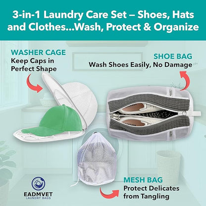 Hat Washer Cage Set – Baseball Cap Washer for Washing Machine or Dishwasher, Protects Flat & Curved Hats, 1 Pack White + Shoe Washing Machine Bag (Grey) & Mesh Laundry Bag