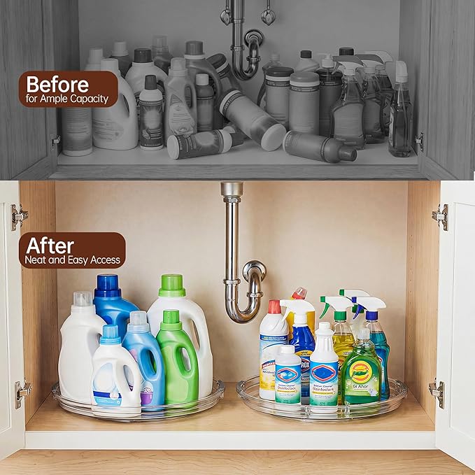 LAMU 12 Inch Lazy Susan Turntable, 360° Rotating Organizer Storage for Cabinet & Table Top, Pantry, Fridge, Bathroom, 4 Pack Clear Spice Rack, Kitchen Storage Tray for Medicine & Countertop