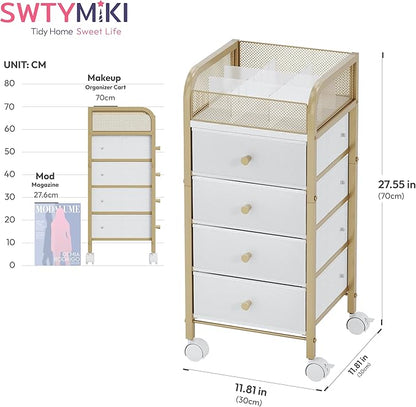 SWTYMIKI Rolling Makeup Organizer Cart - Under Desk Vanity Makeup Storage with 4 Non-woven Drawers, Nail Cart Organizer Cosmetic Display Cases Cabinet for Skin Care Perfume Nail Polish Brush Hair Tool