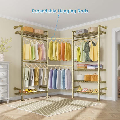 Timate F3 Garment Rack Heavy Duty Clothes Rack for Hanging Clothes, Expandable Industrial Pipe Wall Mounted Clothing Rack, Adjustable Storage Wardrobe Closets Kit Walk in Closet Systems, Gold