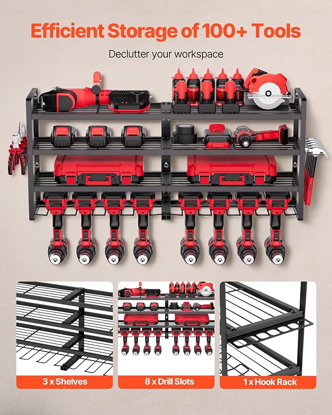 VEVOR Power Tool Organizer Wall Mount, 4-Layer Storage Rack with 8 Drill Holders, Tools Holder and Storage Rack with Screwdriver Holder, Garage Tool Organizer for Garage, Workbench, and Workshop