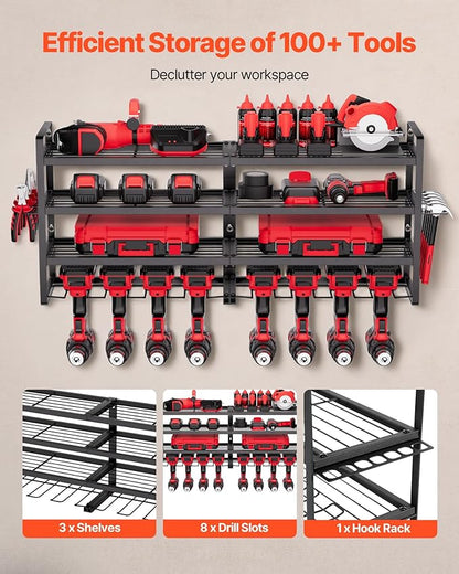 VEVOR Power Tool Organizer Wall Mount, 4-Layer Storage Rack with 8 Drill Holders, Tools Holder and Storage Rack with Screwdriver Holder, Garage Tool Organizer for Garage, Workbench, and Workshop