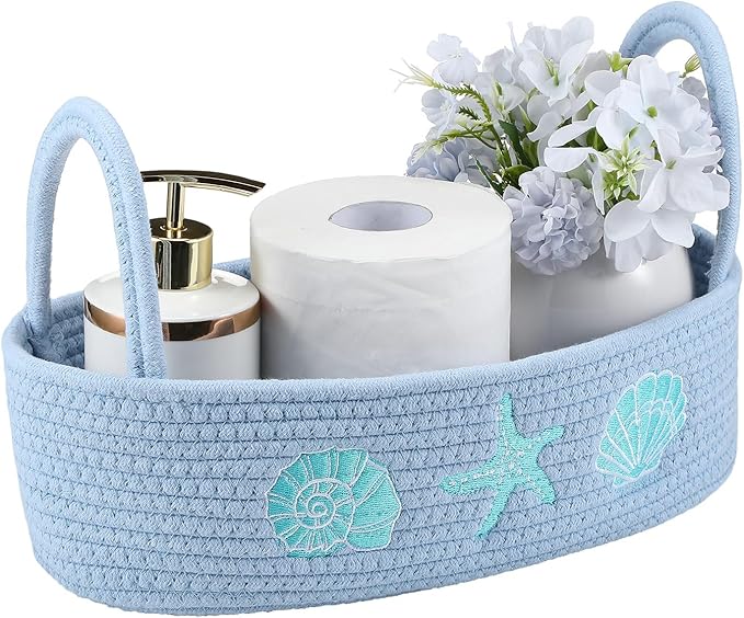 Vesici Ocean Woven Toilet Paper Basket Boho Coastal Cotton Rope Bathroom Countertop Organizer with Starfish Seashell Blue Bathroom Storage Decor for Toilet Closet Nursery Organizing, 13 x 6 x 4 Inch