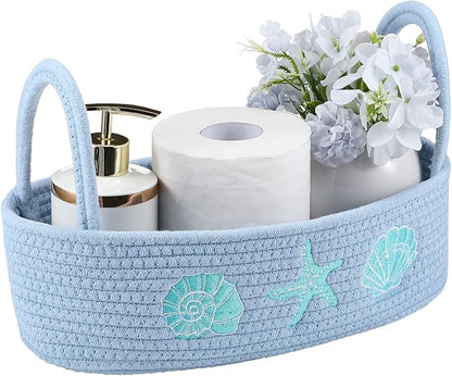 Vesici Ocean Woven Toilet Paper Basket Boho Coastal Cotton Rope Bathroom Countertop Organizer with Starfish Seashell Blue Bathroom Storage Decor for Toilet Closet Nursery Organizing, 13 x 6 x 4 Inch