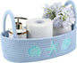Vesici Ocean Woven Toilet Paper Basket Boho Coastal Cotton Rope Bathroom Countertop Organizer with Starfish Seashell Blue Bathroom Storage Decor for Toilet Closet Nursery Organizing, 13 x 6 x 4 Inch