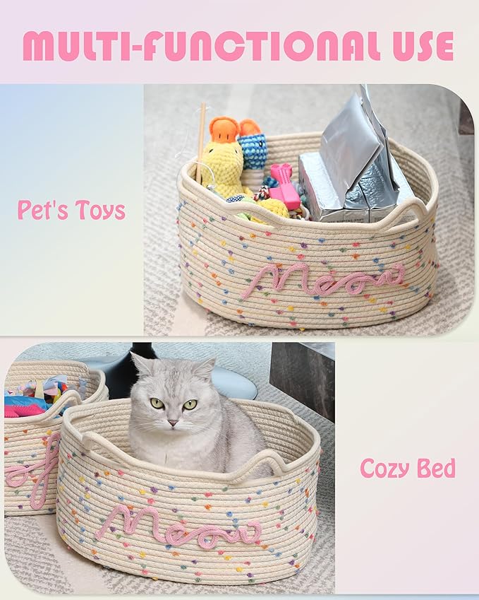 Sea Team Cat Toy Basket with Handles, 16.5 x 11 x 7 Inches, 4.4 Gallons Large Cotton Rope Storage Bin, Box, Shelf Organizer for Pet Chew Toys, Foods, Rainbow Meow