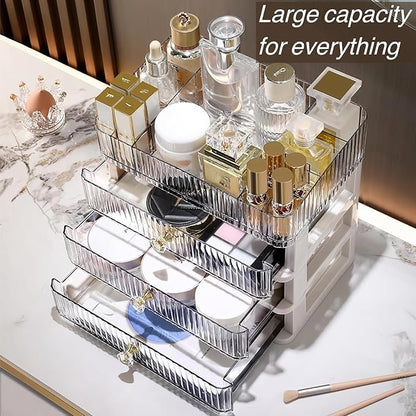 Clear Makeup Organizer with 3 Drawers, Bathroom Organizer and Storage, Ideal for Desk and Dresser Vanity Countertop, Great for Cosmetics, Skincare, Perfume,Toiletry