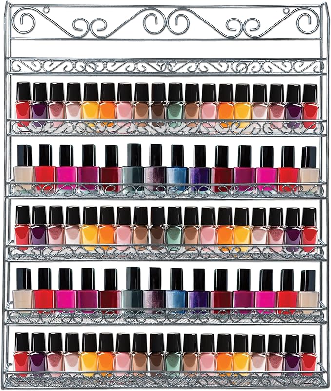 PANA 6 Tier Wall Mounted Metal Rack Shelf, Versatile Organizer for Nail Polish, Essential Oils, Kitchen Spices, and Craft Hobby Items, Sturdy Storage with Decorative Design (Silver, 1pc)