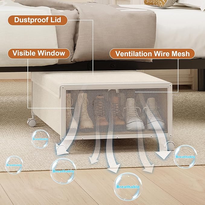 2 Pack Under the Bed Storage Containers,10 inch Height Under Bed Shoe Storage,31inch Long Underbed Storage with Wheels,Large Rolling under bed Clothes Storage Drawers with Lid for Dorm Tall ,Ivory