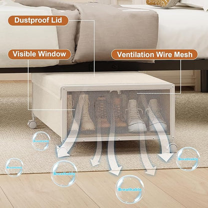 2 Pack Under the Bed Storage Containers,10 inch Height Under Bed Shoe Storage,31inch Long Underbed Storage with Wheels,Large Rolling under bed Clothes Storage Drawers with Lid for Dorm Tall ,Ivory