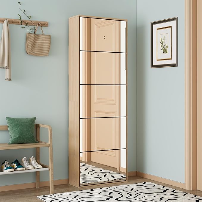 Yechen Mirror Shoe Cabinet with 5 Flip Drawers, Shoe Rack Storage Organizer, Entryway Shoe Cabinet for Front Door,Foyer,Hallway (1 Piece, Mirror Silver)