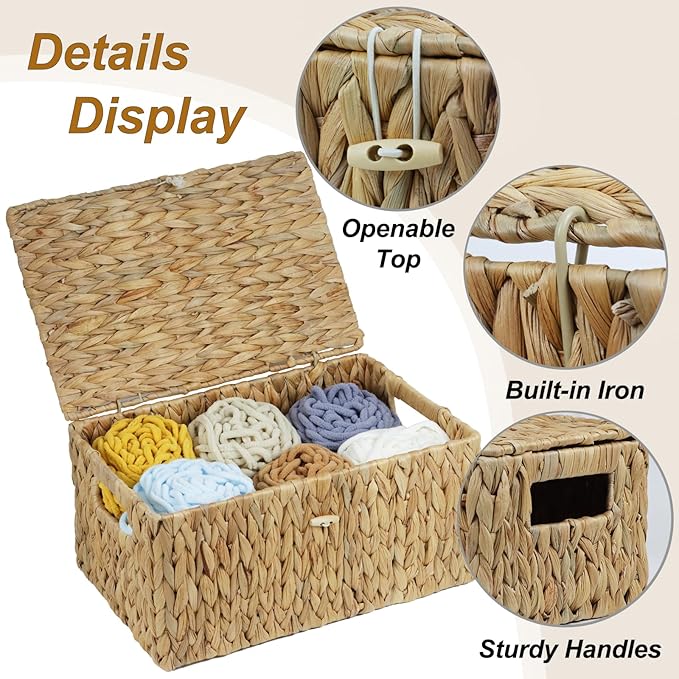 ORDELITE Large Wicker Basket with Lid, Rectangular Water Hyacinth Storage Baskets for Organizing, Woven Basket for Storage, Decorative Boxes Bins with Lids Home Organizer Decor