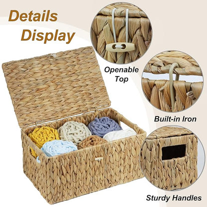 ORDELITE Large Wicker Basket with Lid, Rectangular Water Hyacinth Storage Baskets for Organizing, Woven Basket for Storage, Decorative Boxes Bins with Lids Home Organizer Decor