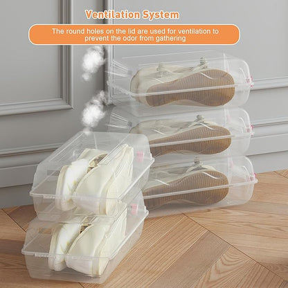 Shoe Organizer for Closet, 4 Pack Plastic Shoe Storage Boxes, Space Saving Stackable Shoe Storage Bins, Sneaker Storage Containers with Clear Lids for Display, Red