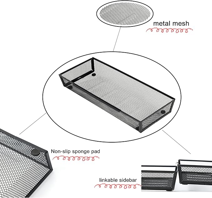 Mesh Tray Silverware Drawer Organizer Utensil Cutlery Tray Office Supplies Organizer for Flatware, Knives,Home,Office, School,Bedroom 15X6'' Black