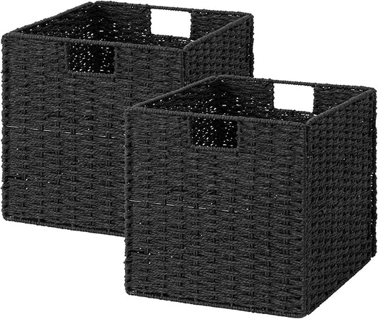 StorageWorks 13 inch Wicker Storage Baskets, Handwoven Wicker Basket for Organizing, Foldable Square Storage Cubes, Black, Paper Rope, 2 Pack