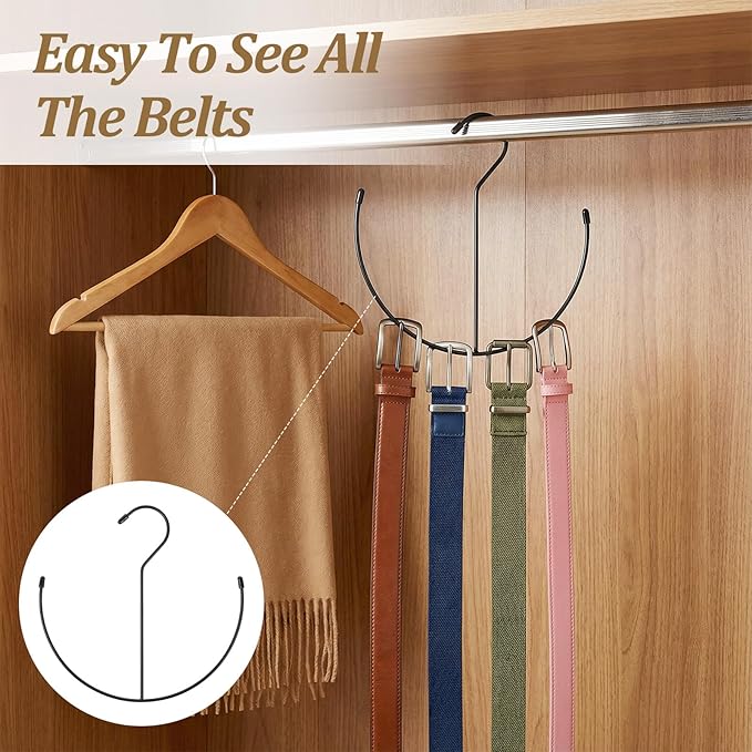TIESOME 2 PCS Belt Hanger for Closet, 9.2in x 9in Stainless Steel Space Saving Organizer Hanging Tie Rack Hanger with Rubber Cover for Belt Ties Scarves Camisoles Hats Closet Organization