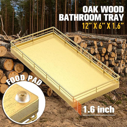 Bathroom Vanity Tray for Countertop, 12" x 6" Oak Wood Toilet Tank Tray with Metal Guardrail, Bathroom Organizer for Soap, Perfume & Skincare, Non-Slip Decorative Tray for Dresser & Vanity, Gold