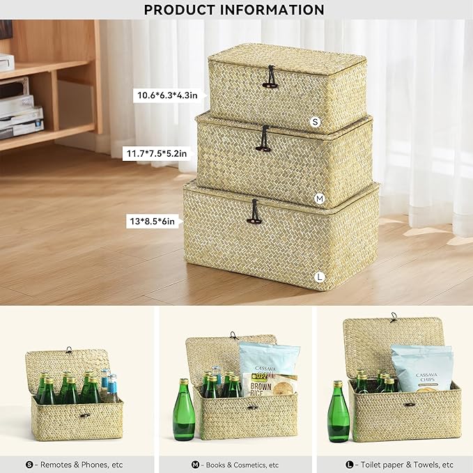 Nonam Storage Basket with Lid, Natural Seagrass Bin with Lid Set of 3, Shelf Baskets Multipurpose Container for Boho Decoration, Rectangular Household Storage Boxes for Home Organization-White