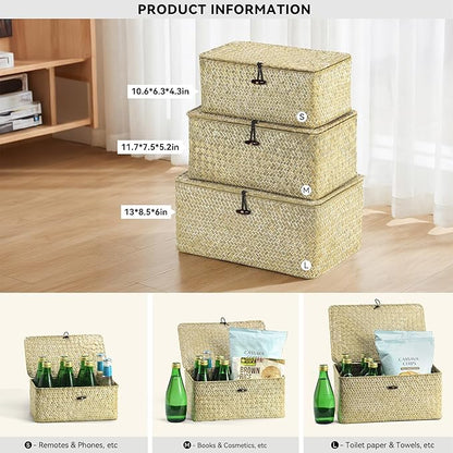 Nonam Storage Basket with Lid, Natural Seagrass Bin with Lid Set of 3, Shelf Baskets Multipurpose Container for Boho Decoration, Rectangular Household Storage Boxes for Home Organization-White