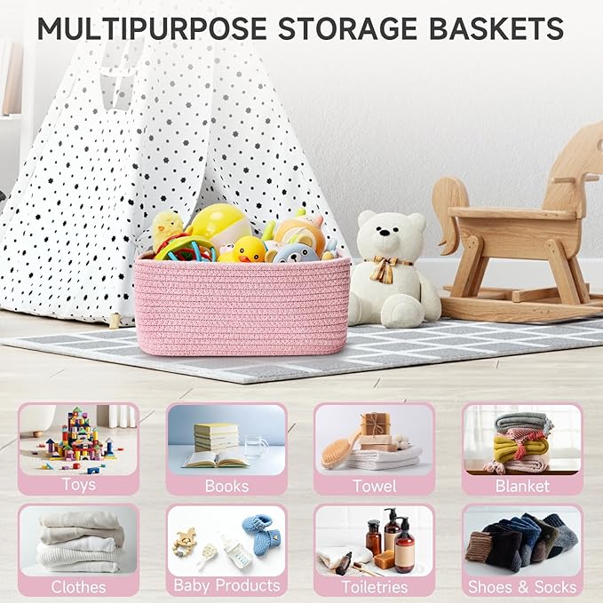Shelf Baskets for Organizing | Storage Basket for Shelves | Small Woven Baskets | Rope Toy Basket | Closet Organizer Bins | Cube Decorative Box | 11.8×7.8×5.1” | 3 Pcs Mixed Pink