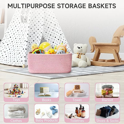 Shelf Baskets for Organizing | Storage Basket for Shelves | Small Woven Baskets | Rope Toy Basket | Closet Organizer Bins | Cube Decorative Box | 11.8×7.8×5.1” | 3 Pcs Mixed Pink