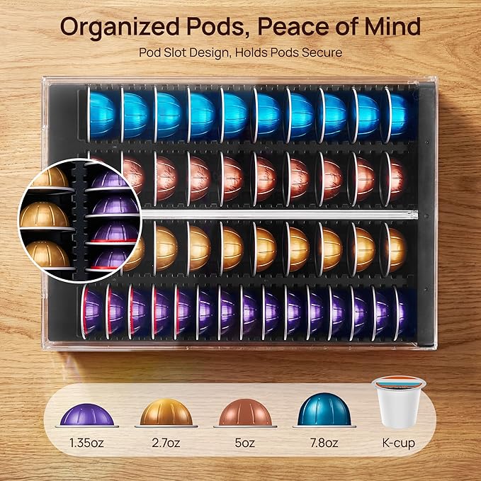Vtopmart Coffee Pod Drawer Organizer for Nespresso Vertuo Pods, Holds 40 Large or 60 Small Capsules, Acrylic Coffee Pod Holder with Smooth Pull-Out, Anti-Slip Clear Storage