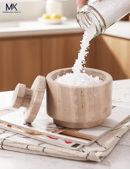 Marble Salt Cellar with Lid and Spoon 3" Inch Natural Brown Salt and Pepper Dish, Sugar and Salt Bowls Countertop, Coffee Container, Spice Jars, Candy Jar, Ideal Mother’s Day Gift for Mom