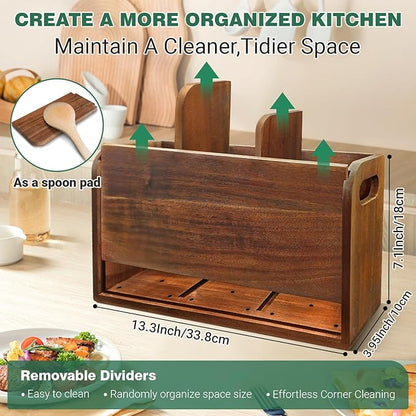Kitchen Utensil Holder for Countertop with 3 Compartments，Acacia Wood Utensil Holder Cooking Spatula Organizer Large Cutlery Organizer for Kitchen Countertop Farmhouse Kitchen Decor