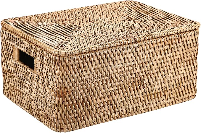 Hipiwe Rattan Basket With Lid Rectangular Lidded Basket Natural Hand-Woven Wicker Storage Basket Bin for Shelf Organizing Picnic Food Bread Table Storage Basket, 15.1 x 11.2 x 7.3 inch