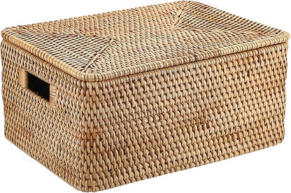 Hipiwe Rattan Basket With Lid Rectangular Lidded Basket Natural Hand-Woven Wicker Storage Basket Bin for Shelf Organizing Picnic Food Bread Table Storage Basket, 15.1 x 11.2 x 7.3 inch