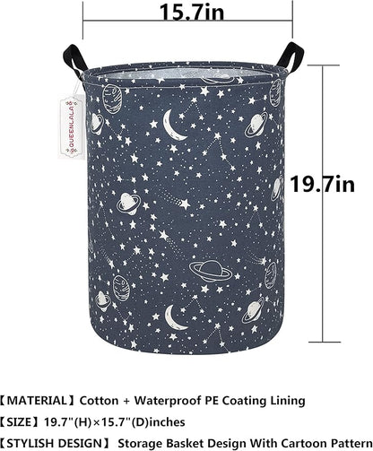 QUEENLALA Large Storage Basket,Laundry Hamper/Bathroom/Home Decor/Collapsible Round Storage Bin,Boys and Girls Hamper/Boxes/Clothing(Round-blue-starry sky)