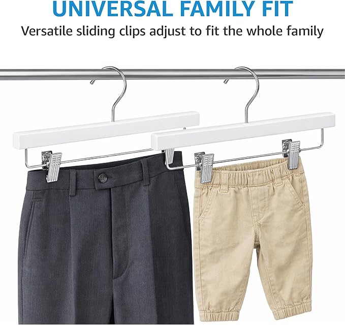 ZOBER Wooden Pants Hangers with Clips - 10 Pack Premium Wood Skirt Hangers for Women, Heavy Duty Wooden Hanger with Adjustable Metal Grip Clips for Jeans and Shorts, Smooth Finish White