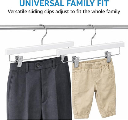ZOBER Wooden Pants Hangers with Clips - 10 Pack Premium Wood Skirt Hangers for Women, Heavy Duty Wooden Hanger with Adjustable Metal Grip Clips for Jeans and Shorts, Smooth Finish White